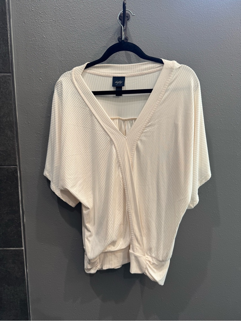 Daytrip Cream Ribbed V-Neck Short Sleeve Blouse